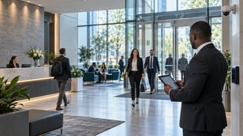 Security professional evaluating workplace vulnerabilities during a proactive security assessment