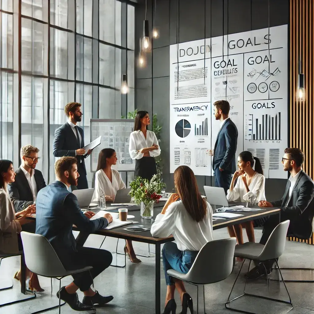 A modern office setting with a diverse team of professionals engaged in a discussion, emphasizing collaboration, transparency, and accountability.