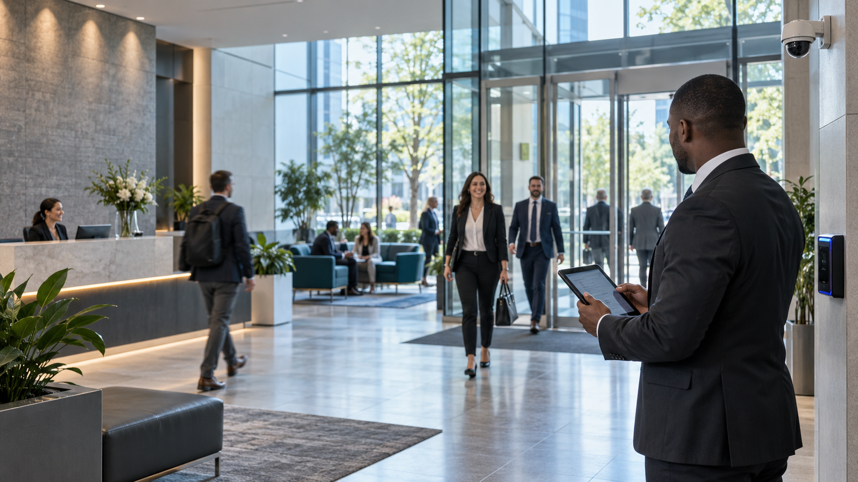 Security professional evaluating workplace vulnerabilities during a proactive security assessment