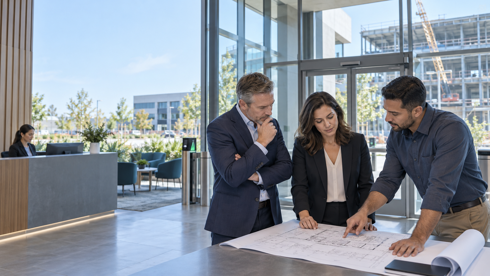 Business leaders and a security consultant reviewing plans for a company expansion.